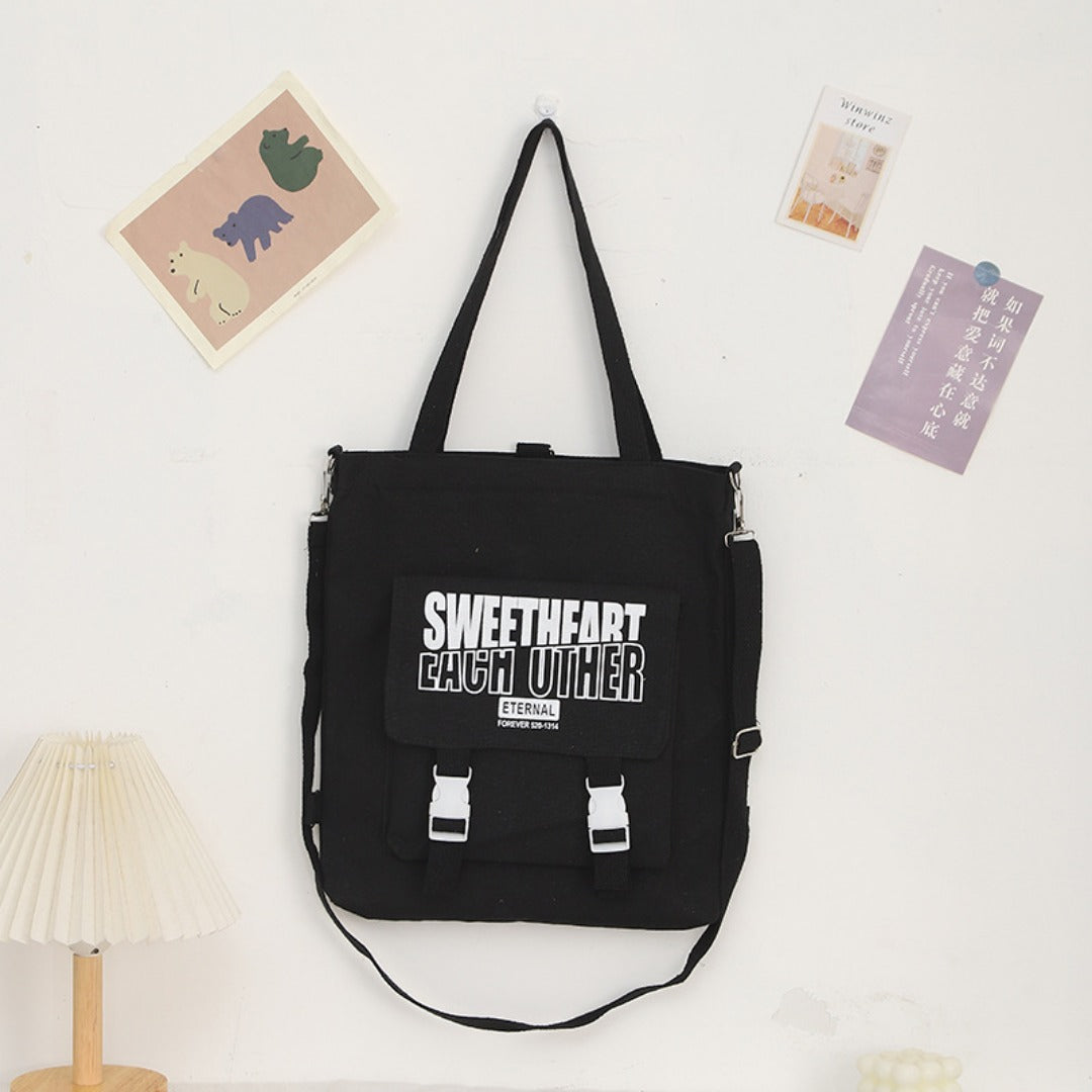 Carry letter pattern printed canvas bag, student shoulder canvas bag, shopping bag with zipper, tote canvas bag