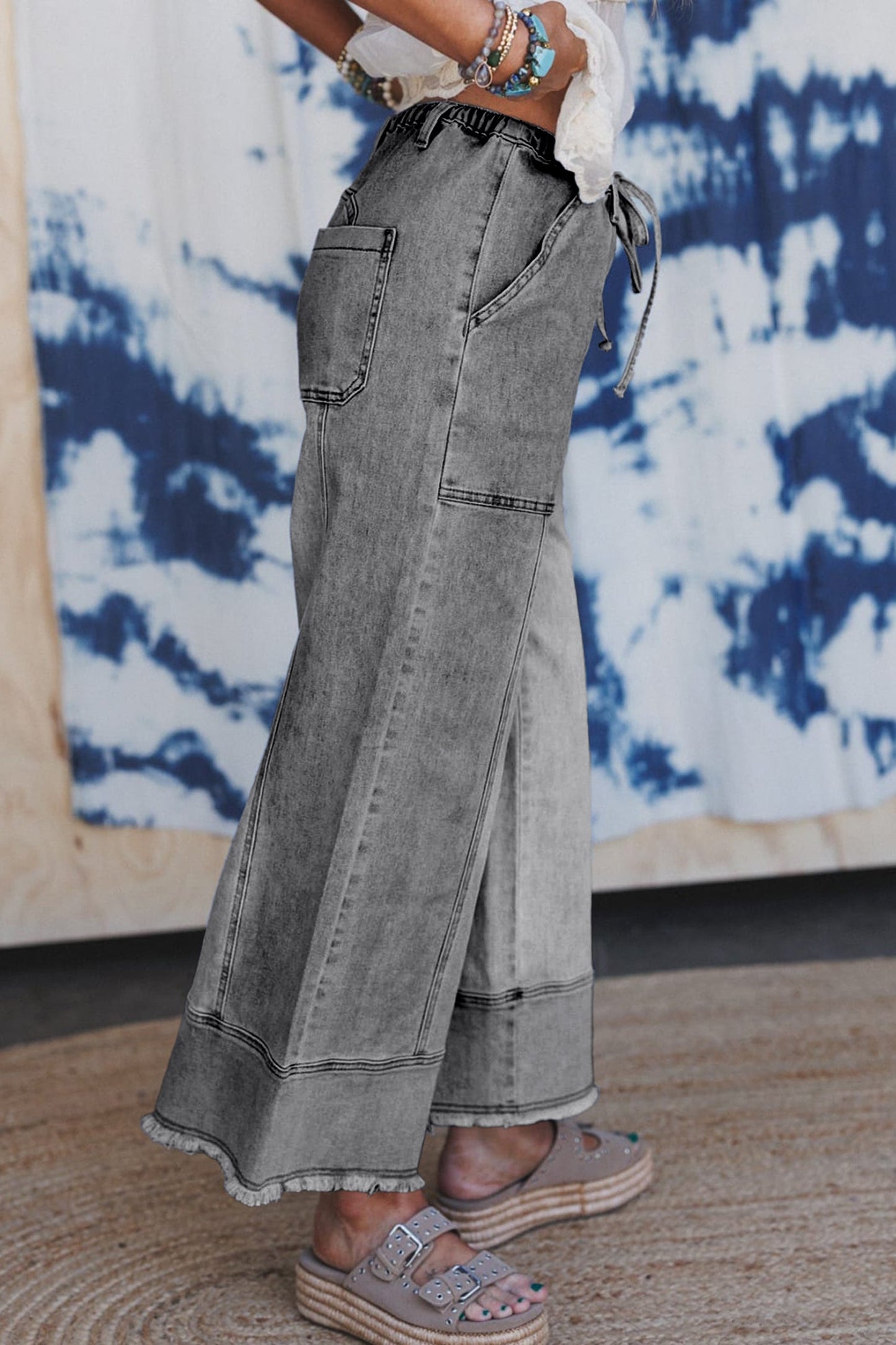 Denim Raw Hem Drawstring Wide Leg Pants