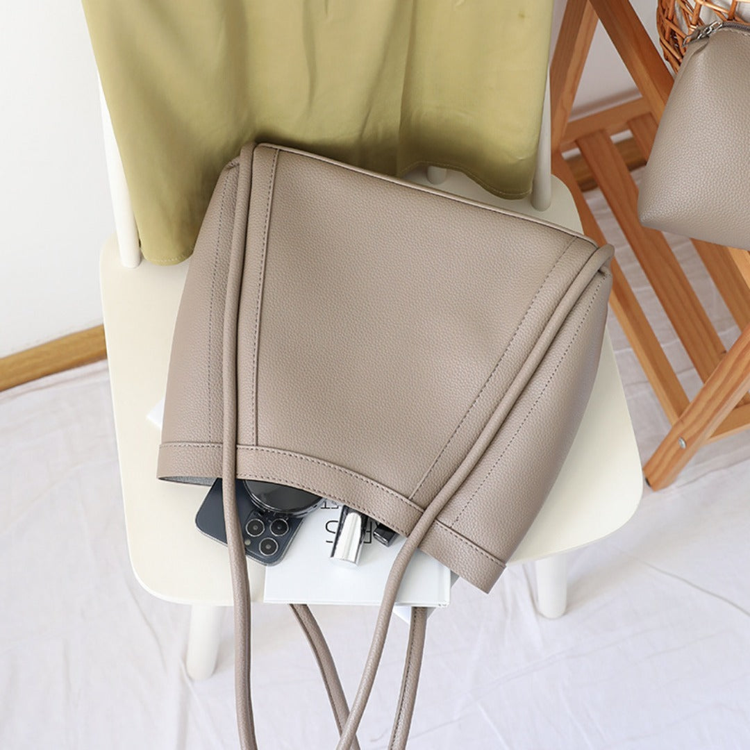 Elegant Large Capacity Tote Bag for Females - Retro Soft PU Shoulder Bucket Bag, Textured Hobo Bag 2 in 1