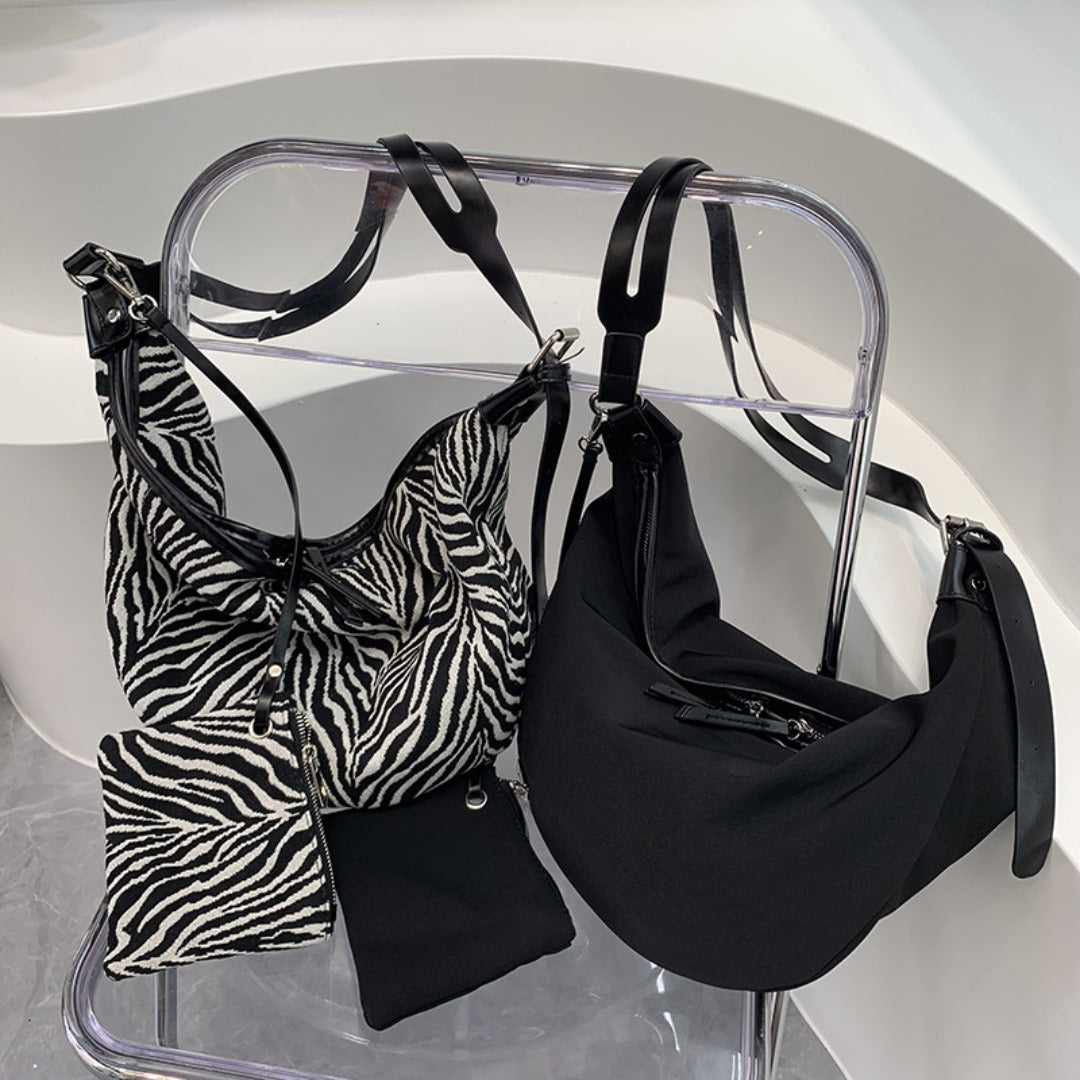 Slouch purse Crossbody, Casual bag Female, Zebra pattern fabric shoulder bag, large capacity hobo bag 2 in 1