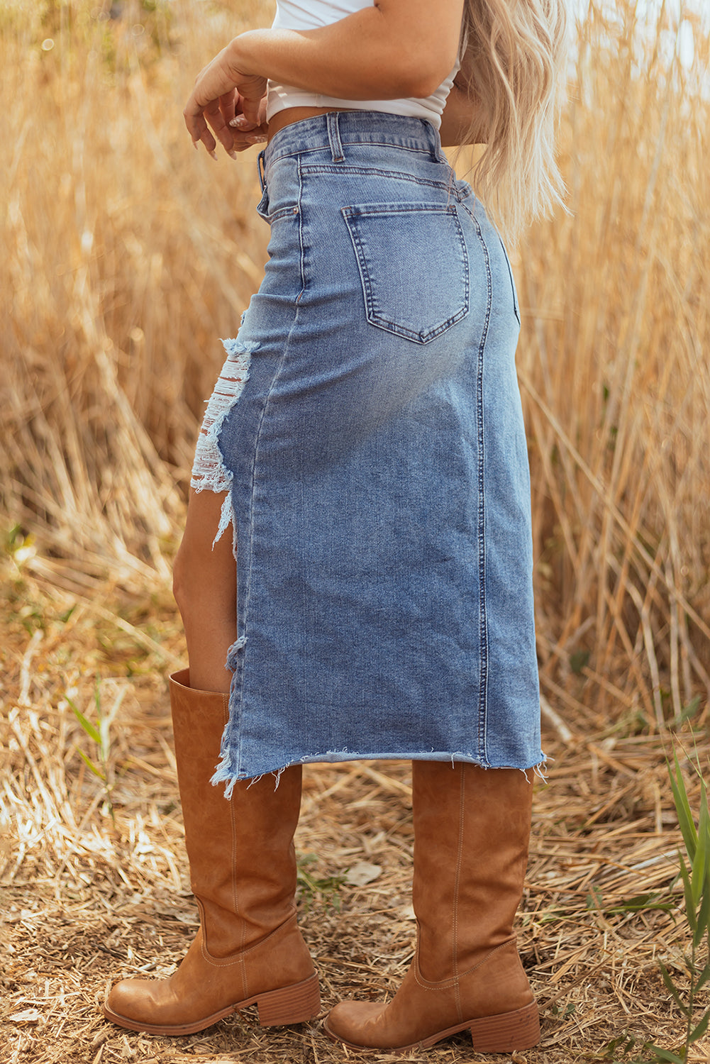 Denim Distressed Midi Skirt