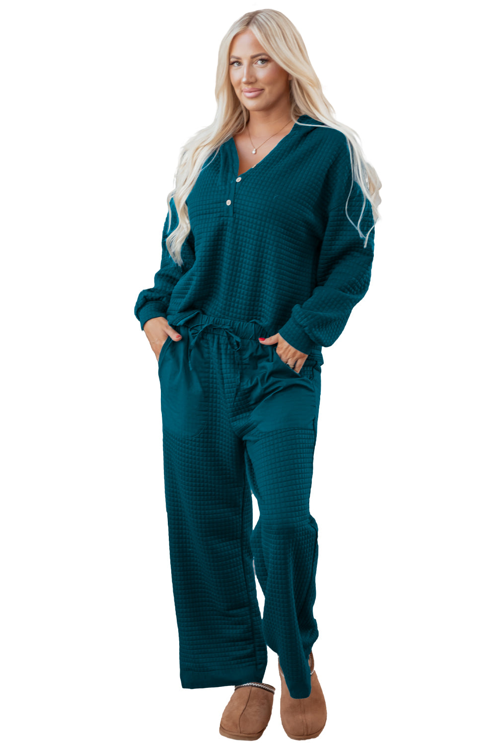 Waffle Textured Patchwork Hooded Top and Pants Set