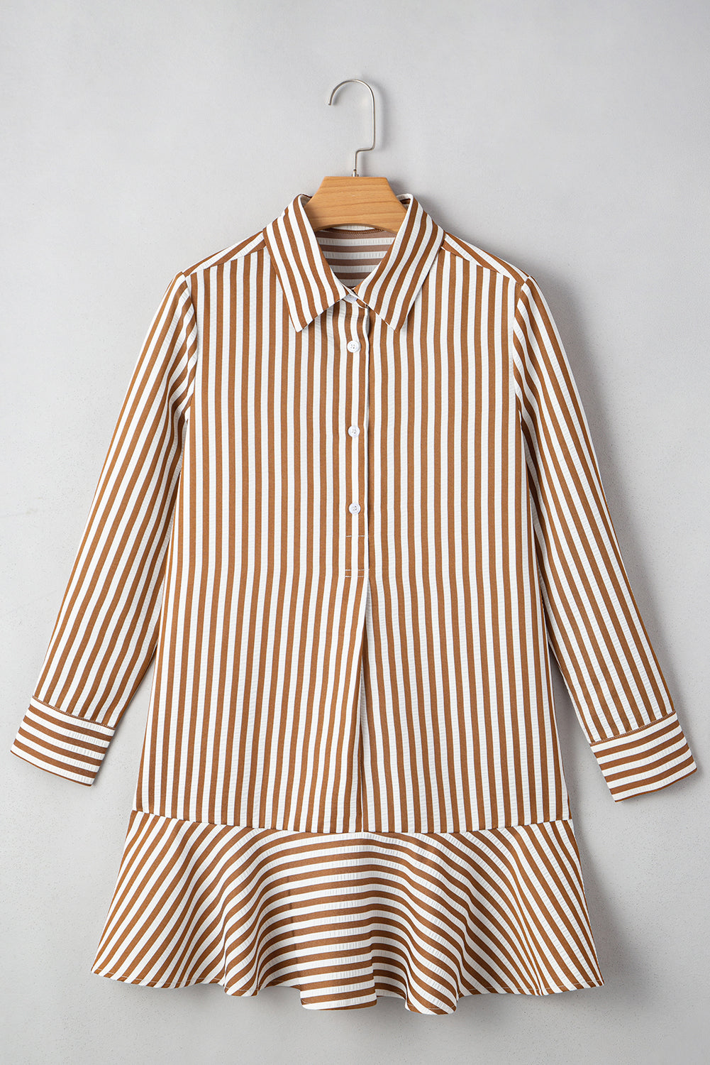 Stripe Ruffle Hem Collared Long Sleeve Shirt Mini Dress