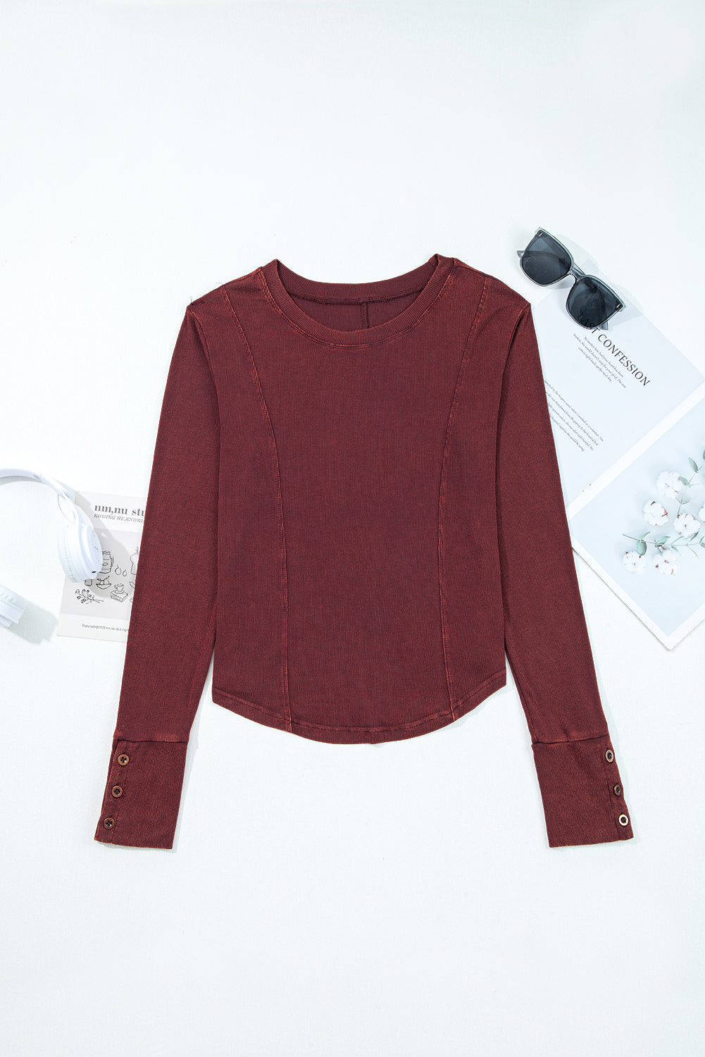 Solid Ribbed Knit Buttoned Long Sleeve Top