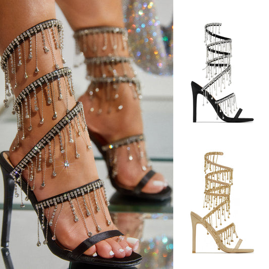 Black Gold Rhinestone Stiletto High Heel Sandals