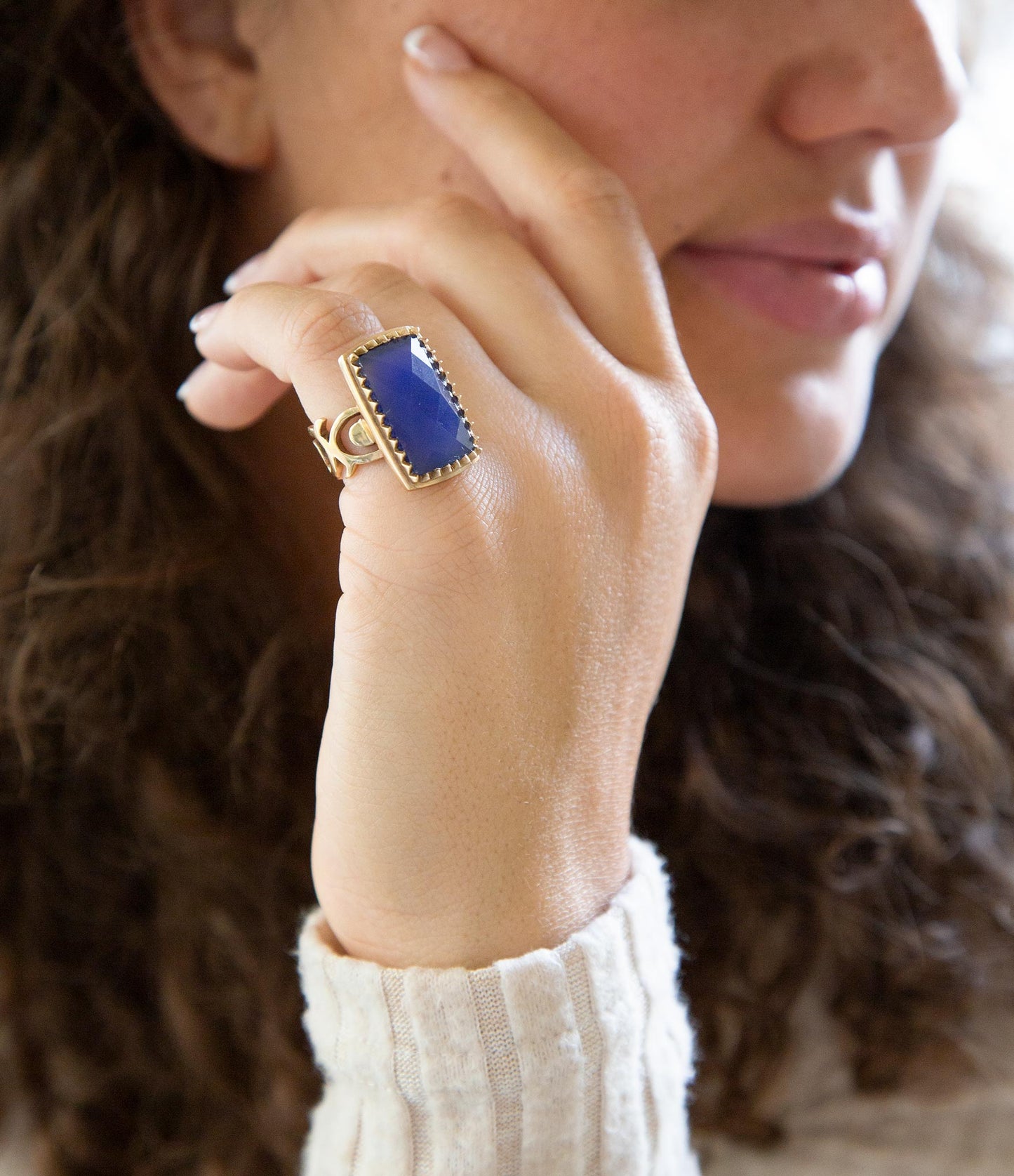 Filigreed Blue Agate Golden Statement Ring