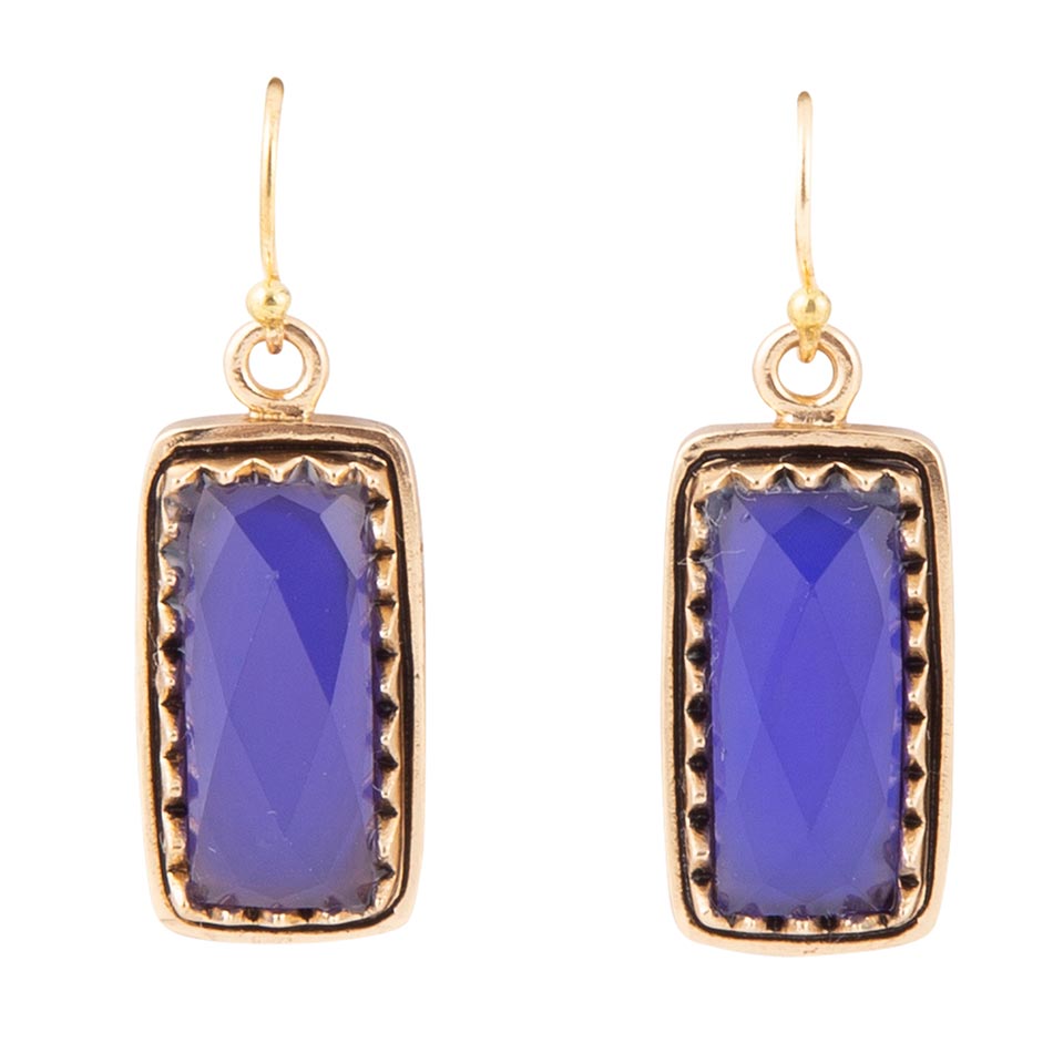 Filigreed Blue Agate Rectangular Shape Golden Drop Earrings