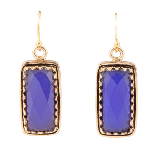 Filigreed Blue Agate Rectangular Shape Golden Drop Earrings