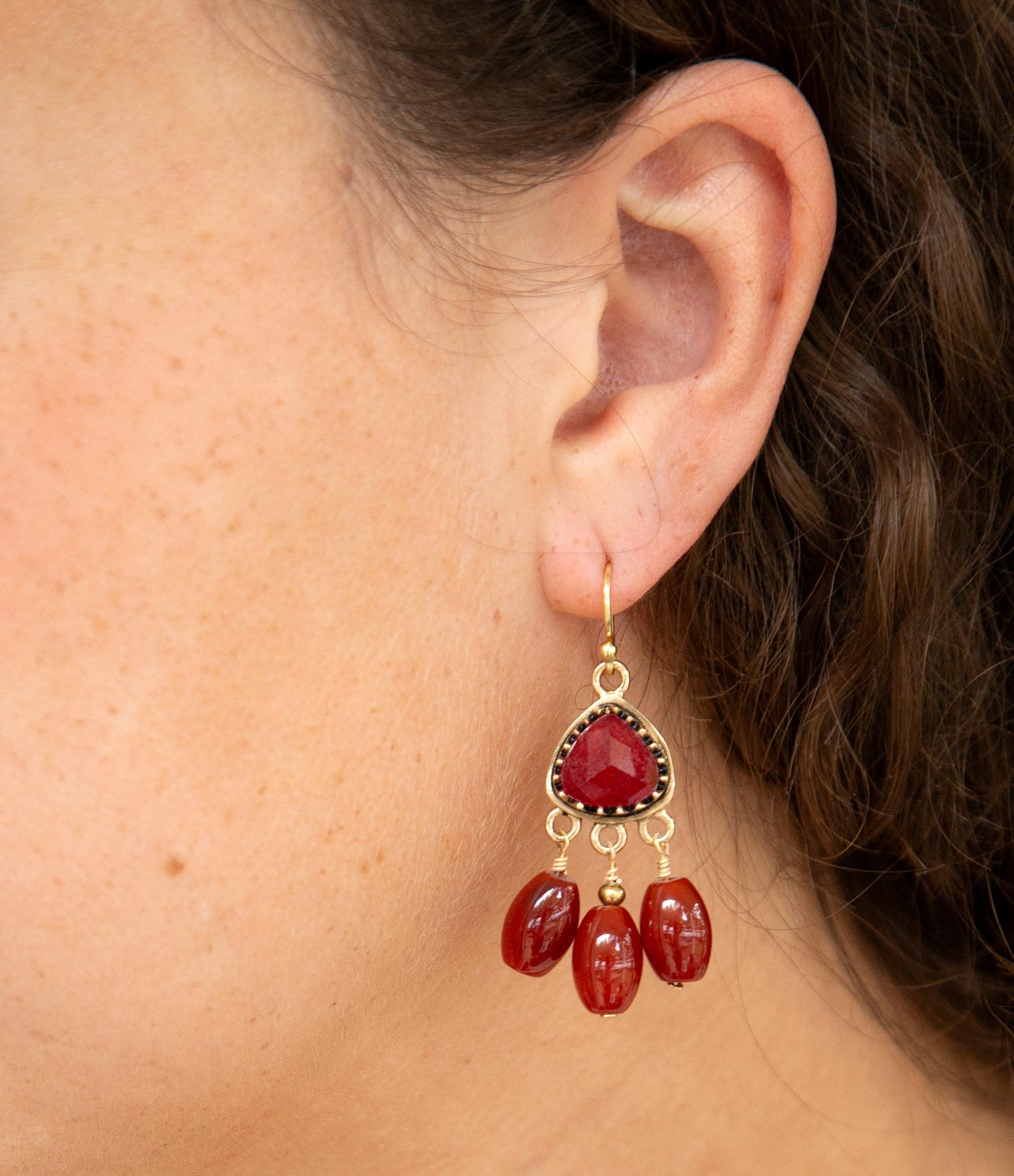 Filigreed Merlot Red Quartz Golden Drop Earrongs