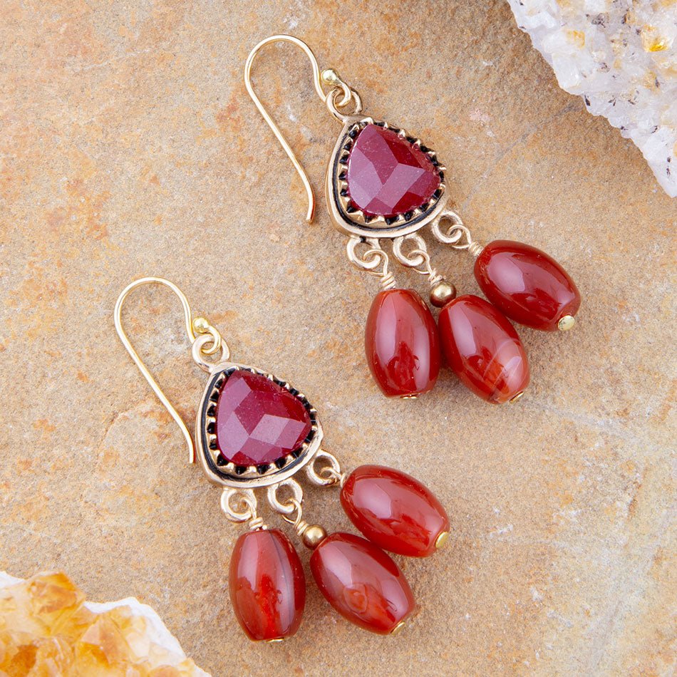 Filigreed Merlot Red Quartz Golden Drop Earrongs