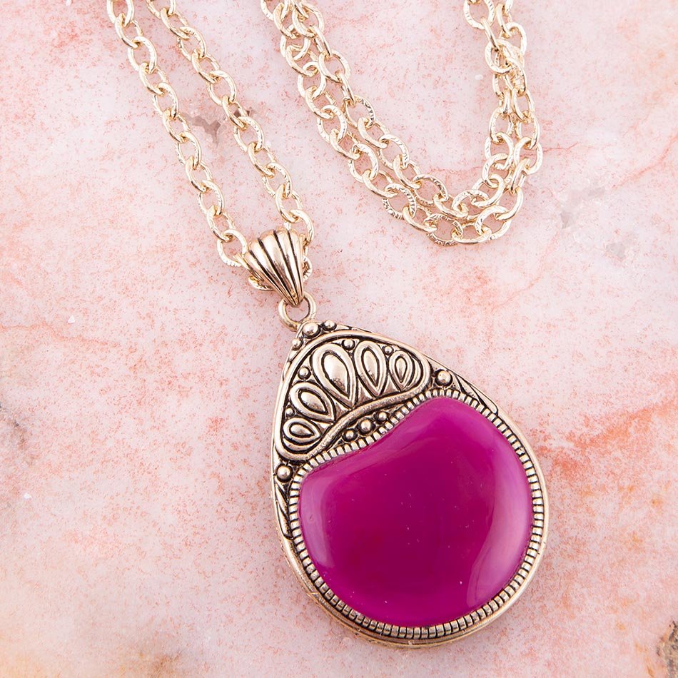Flamenco Pink Magenta Agate Golden Pendant Necklace