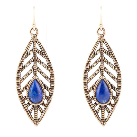 Flourished Blue Lapis Golden Feather Drop Earrings