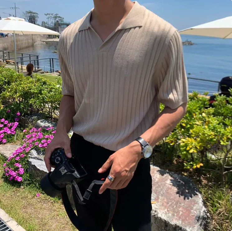 Boys Men's Slim Fit Striped Polo – Korean Style Short Sleeve Knit - # BOAA13510025