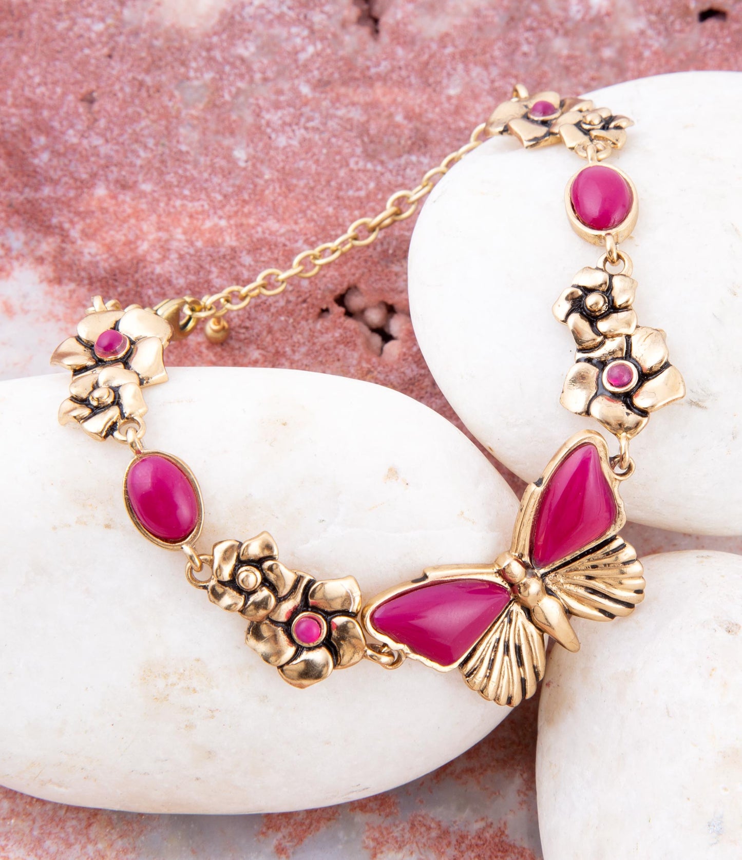 Pink Fuchsia Agate Golden Butterflies Adjustable Bracelet