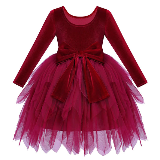 IDOPIP Toddler Baby Girls Velvet Tutu Dress-Bowknot Tulle Ruffle Long Sleeve Princess Christmas/Birthday Party Dresses-Fall/Winter Clothes-Kids Vintage-Holiday Pageant Dress/Outfit-Red - 5-6 Years - # GIAA211710021