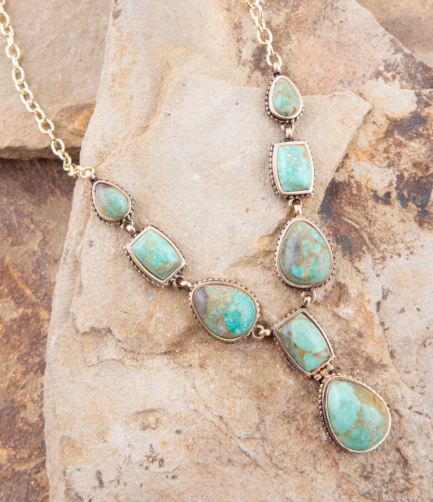 Genuine Blue Turquoise Roped Golden Bronze Y Necklace