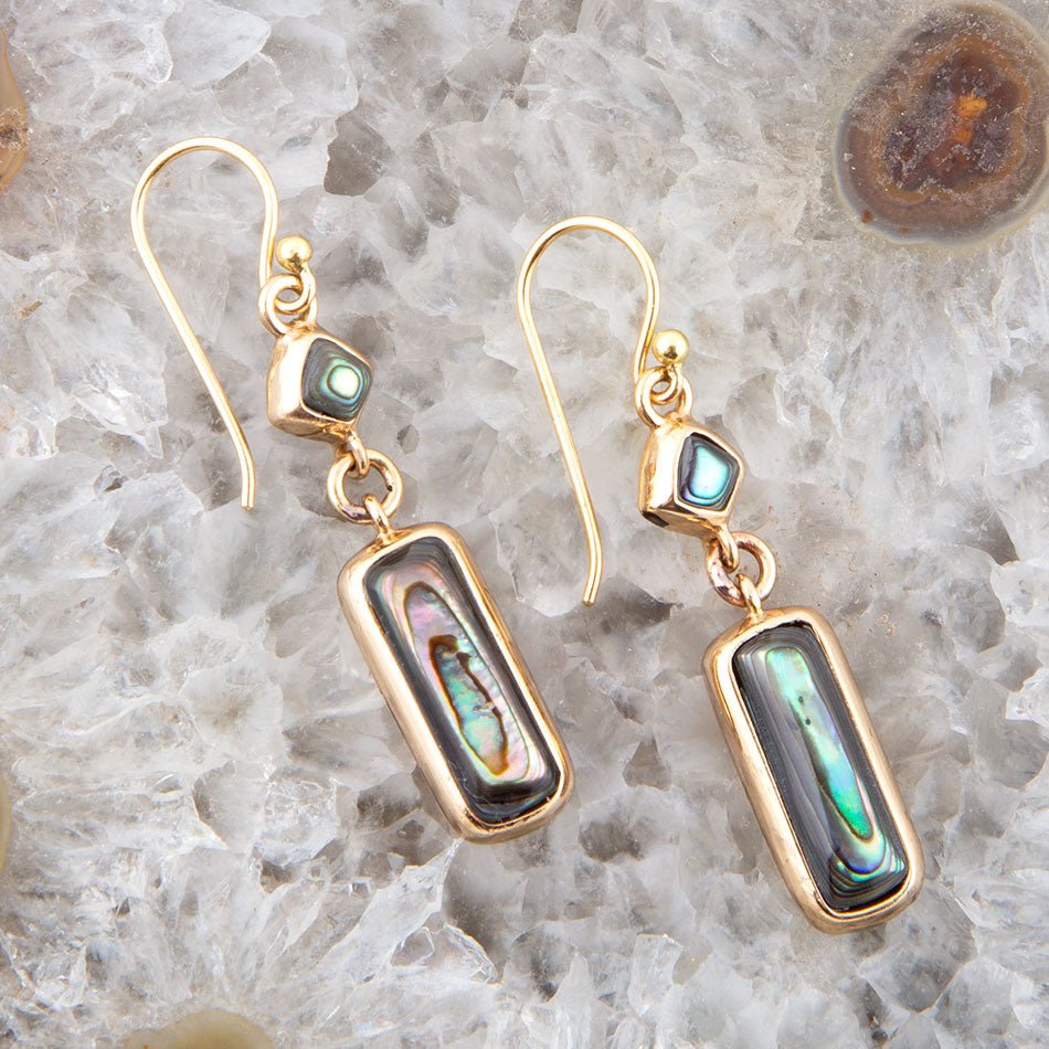 Geo Blue Abalone Golden Drop Earrings