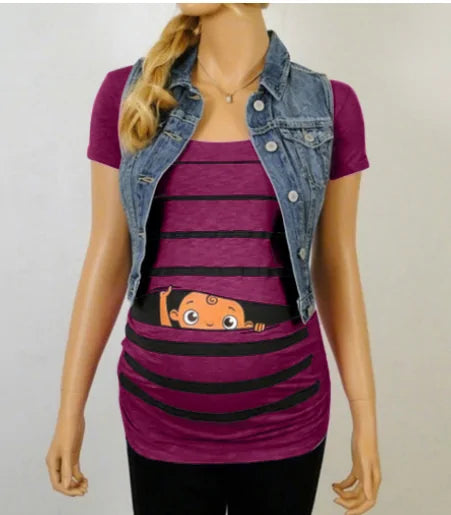Sweet Cartoon Striped Maternity Summer T-shirt - # WOAA21510010-PRG