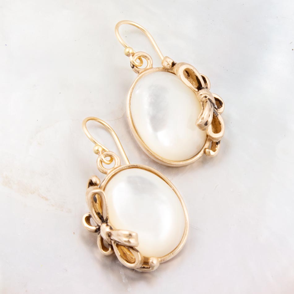 Gifted White Mother of Pearl Golden Bow Drop Earrings
