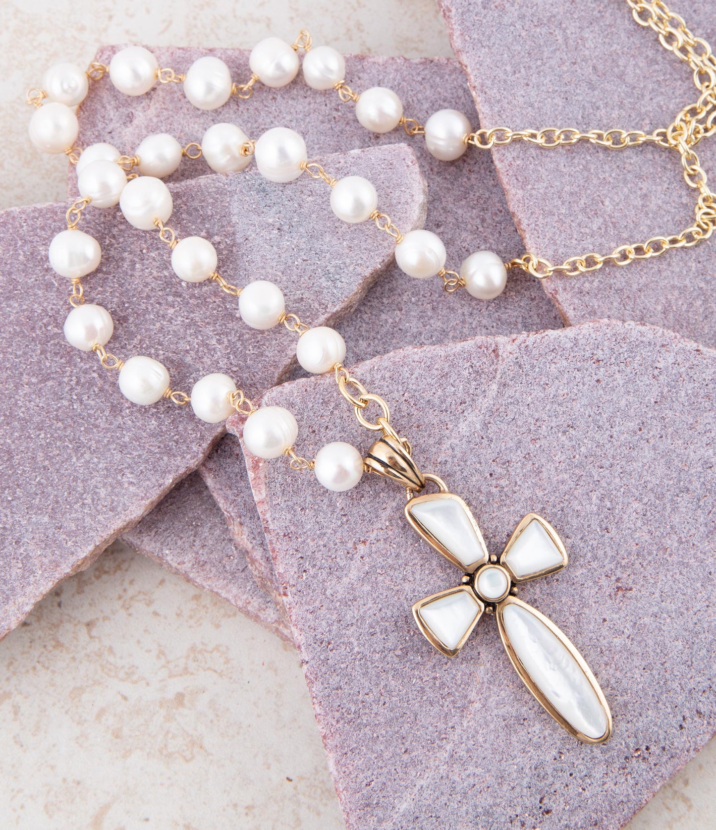 Las Cruces White Pearl Cross Pendant Necklace
