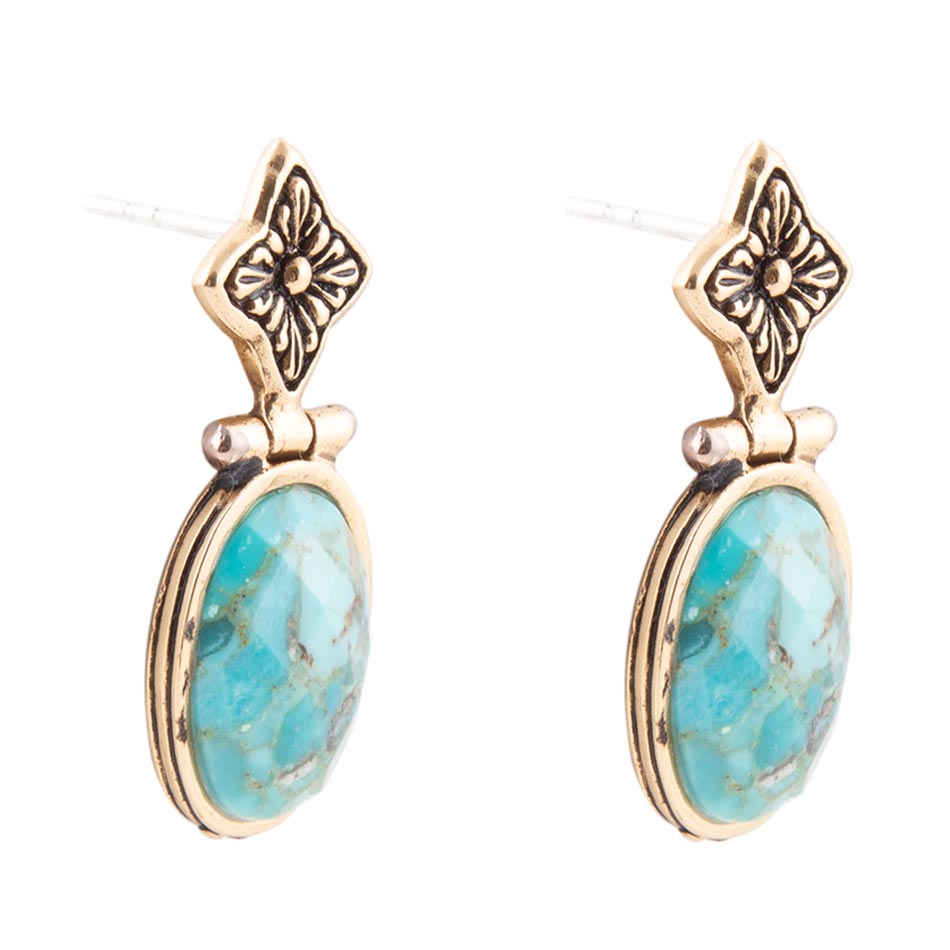 Golden Flower and Blue Turquoise Drop Earrings