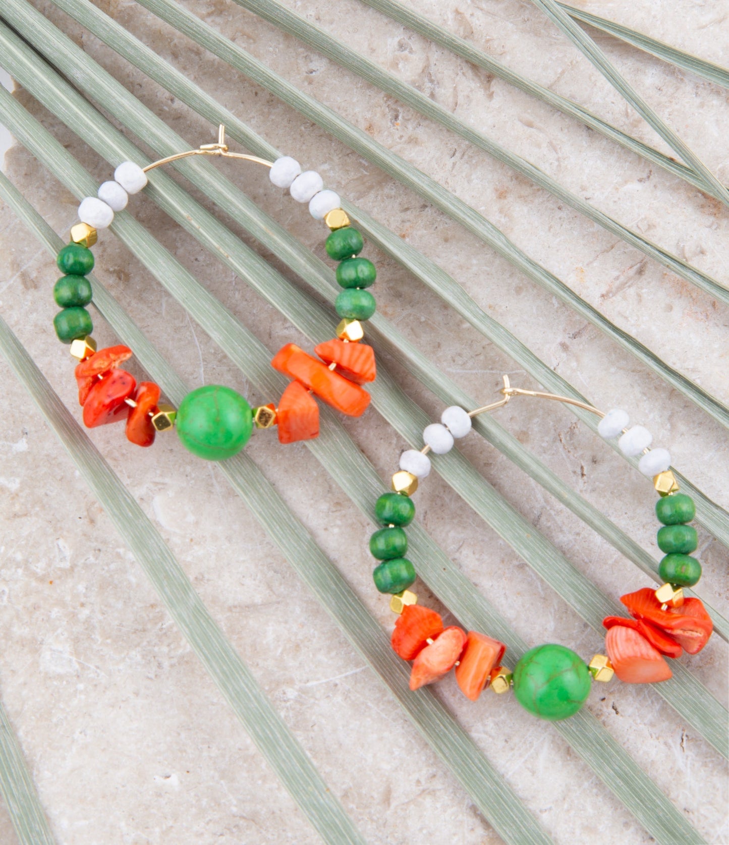 Green and Orange Coral Golden Hoop Earrings