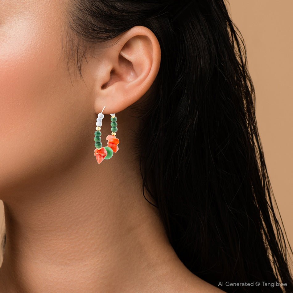 Green and Orange Coral Golden Hoop Earrings