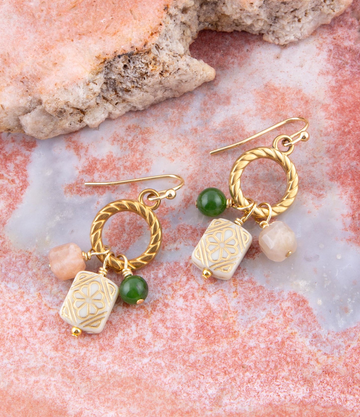 Green Jade and Pink Sunstone Golden Drop Earrings