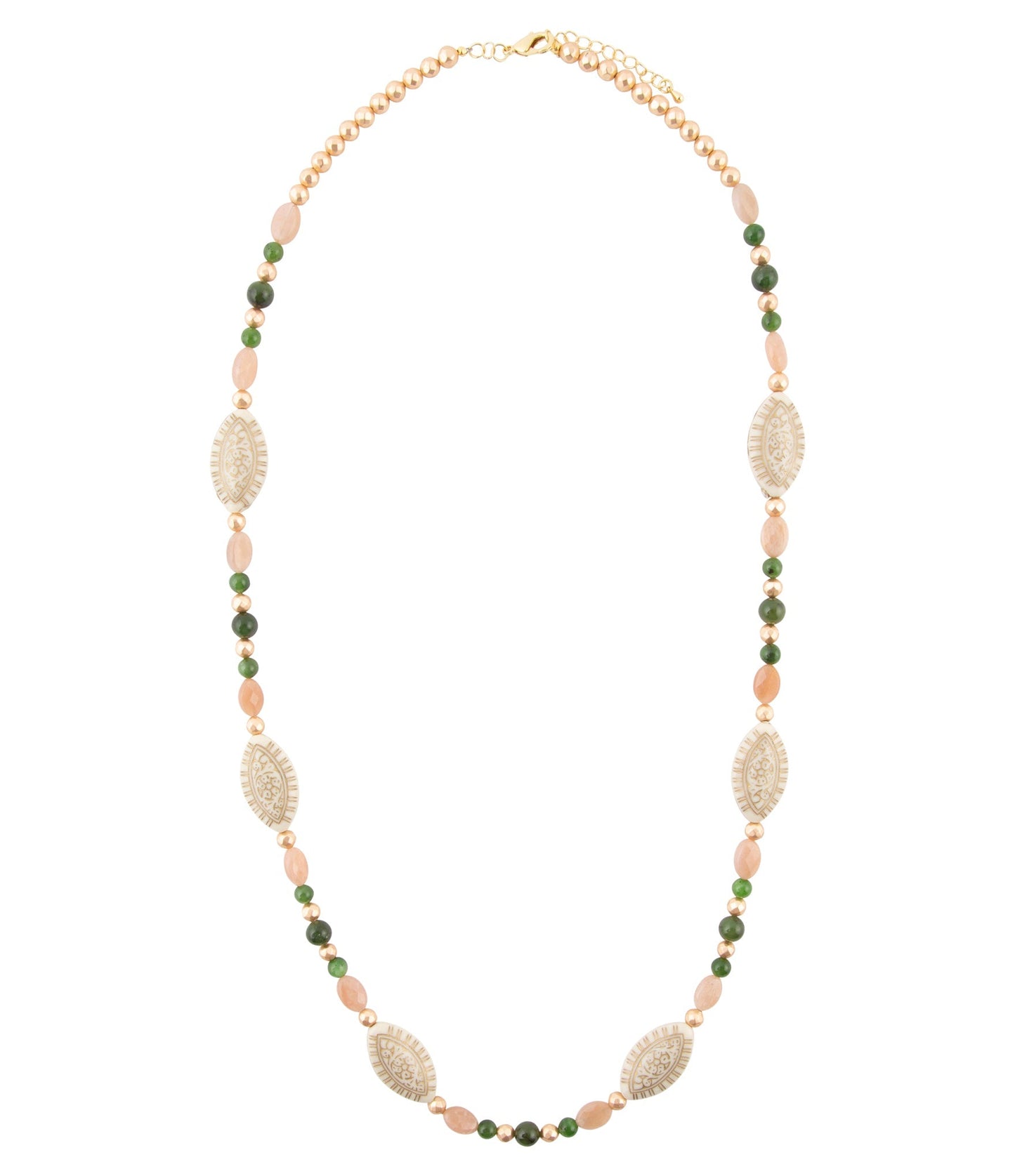 Green Jade and Pink Sunstone Golden Necklace