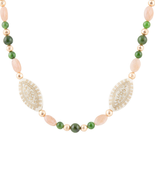 Green Jade and Pink Sunstone Golden Necklace