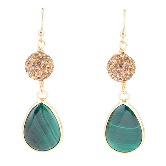 Jeweled Green Malachite Golden Drop Earrings