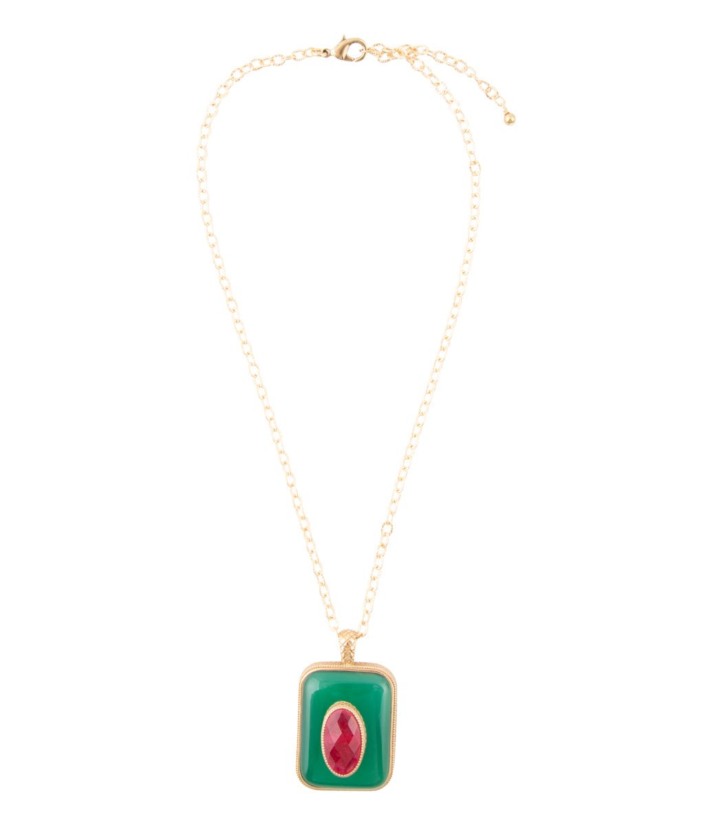 Green Onyx Stacked Red Quartz Golden Pendant Necklace