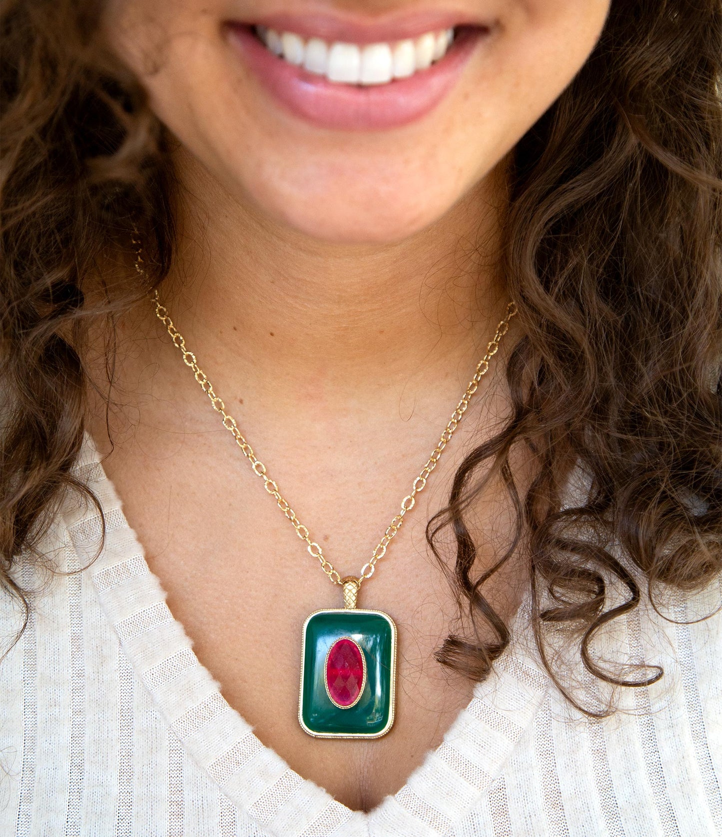 Green Onyx Stacked Red Quartz Golden Pendant Necklace