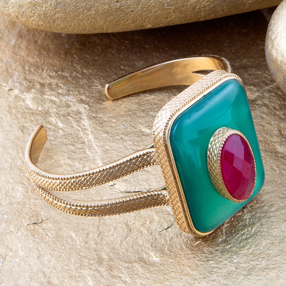 Green Onyx Stacked Red Quartz Golden Cuff Bracelet