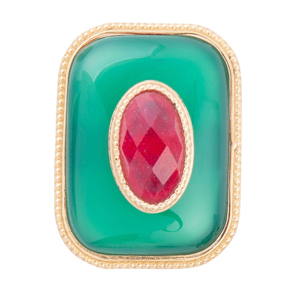 Green Onyx Stacked Red Stone Golden Statement Ring