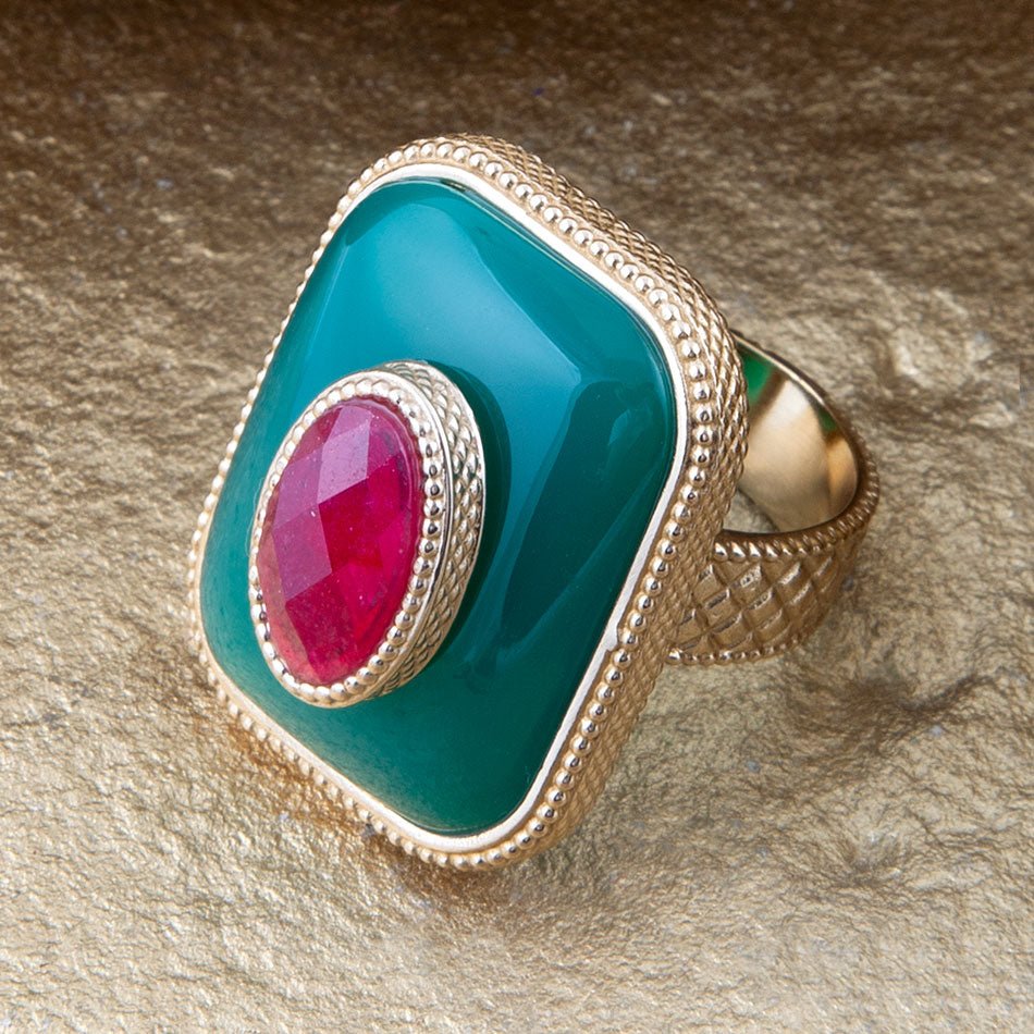 Green Onyx Stacked Red Stone Golden Statement Ring