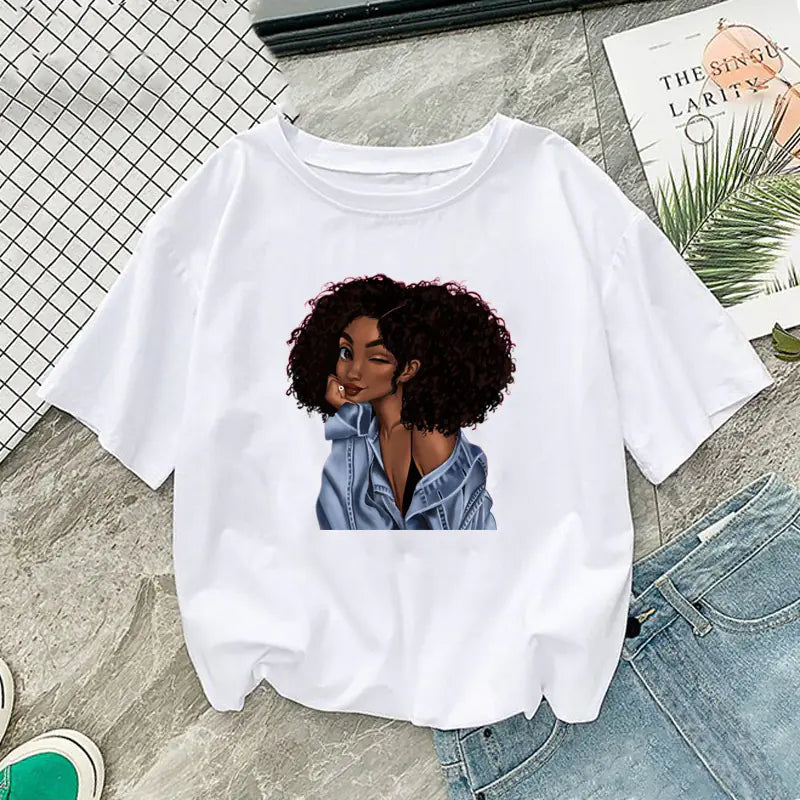 African Girl Print Short Sleeve T-Shirt for Girl and Women - # GIAA23510016
