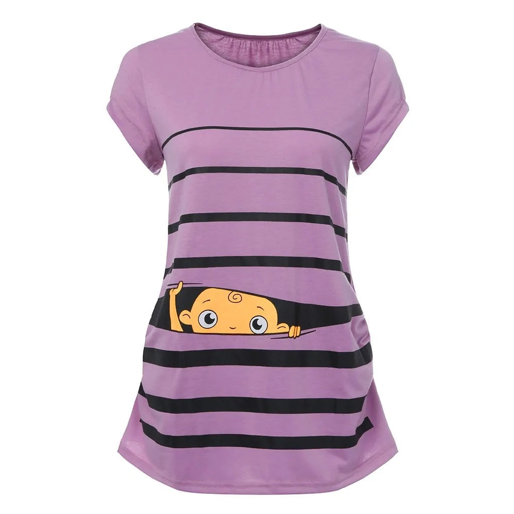 Sweet Cartoon Striped Maternity Summer T-shirt - # WOAA21510010-PRG