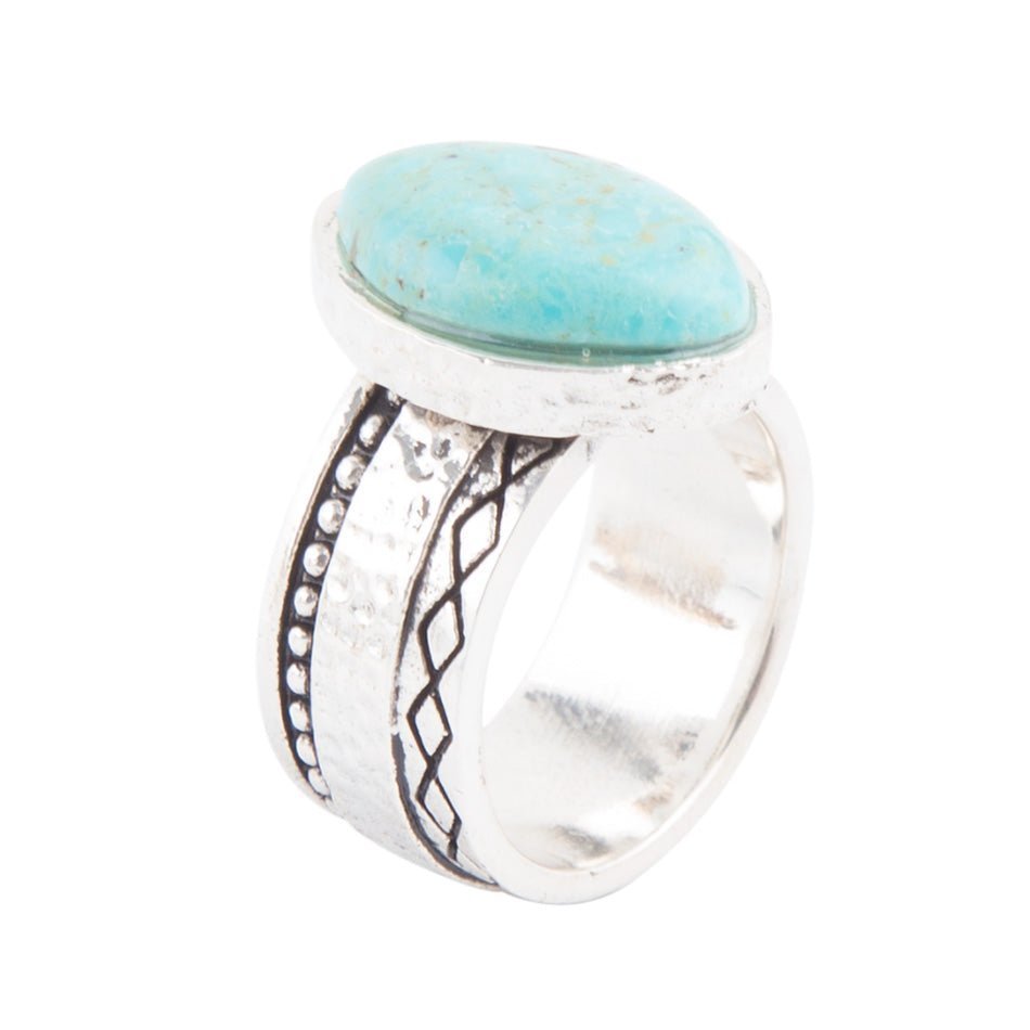 Hammered Big Sterling Silver and Blue Turquoise Ring