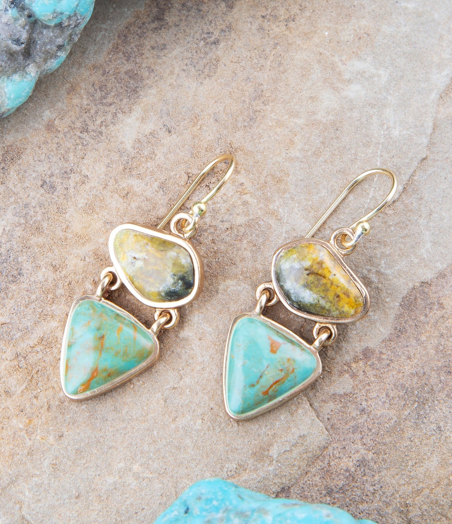 Hinged Yellow Bumblebee Jasper and Green Turquoise Golden Earrings