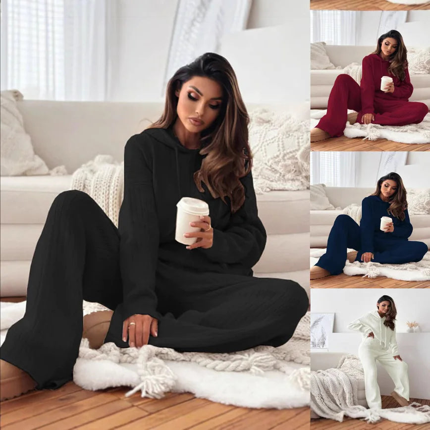 Solid Color Hooded Knitted Lounge Set for Women – Autumn Winter Two-Piece Outfit - # GIAA23910007