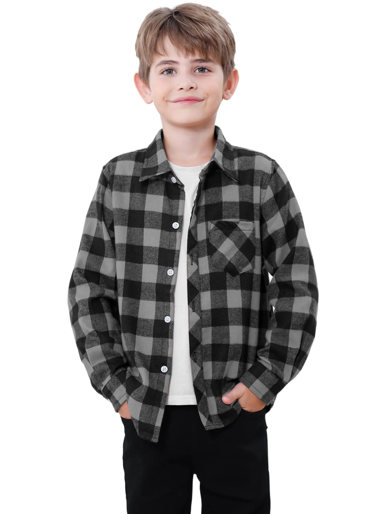 SANGTREE Mens & Boys Plaid Shirt Long Sleeve Button Down Flannel Shirts, US 3 Months - Adult 9XL Youth 14-15 Years Gray Plaid 2 - # BOAA13510001