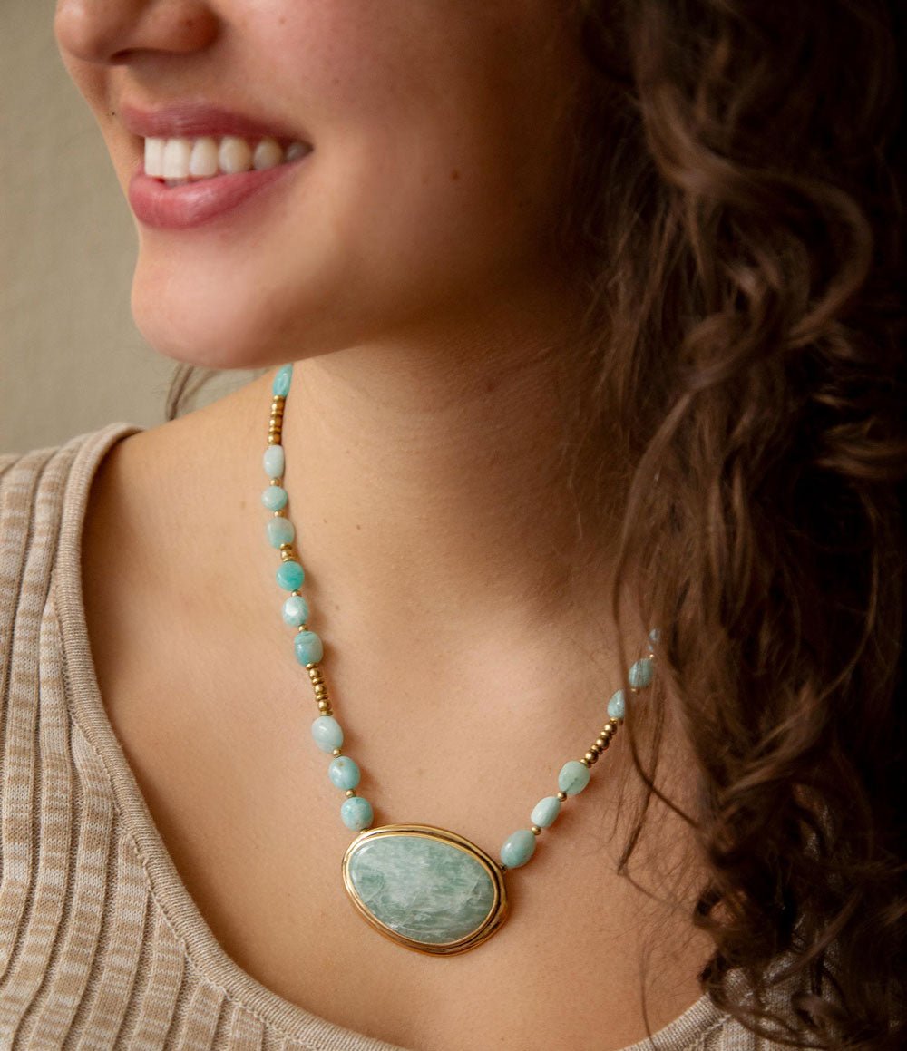 Impressions of Blue Amazonite Golden Freeform Necklace