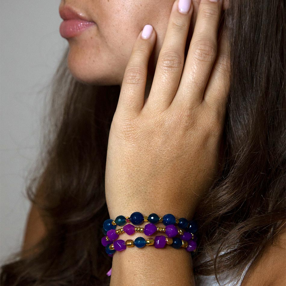 Indigo Blue Purple Agate Stack Golden Bracelet Set