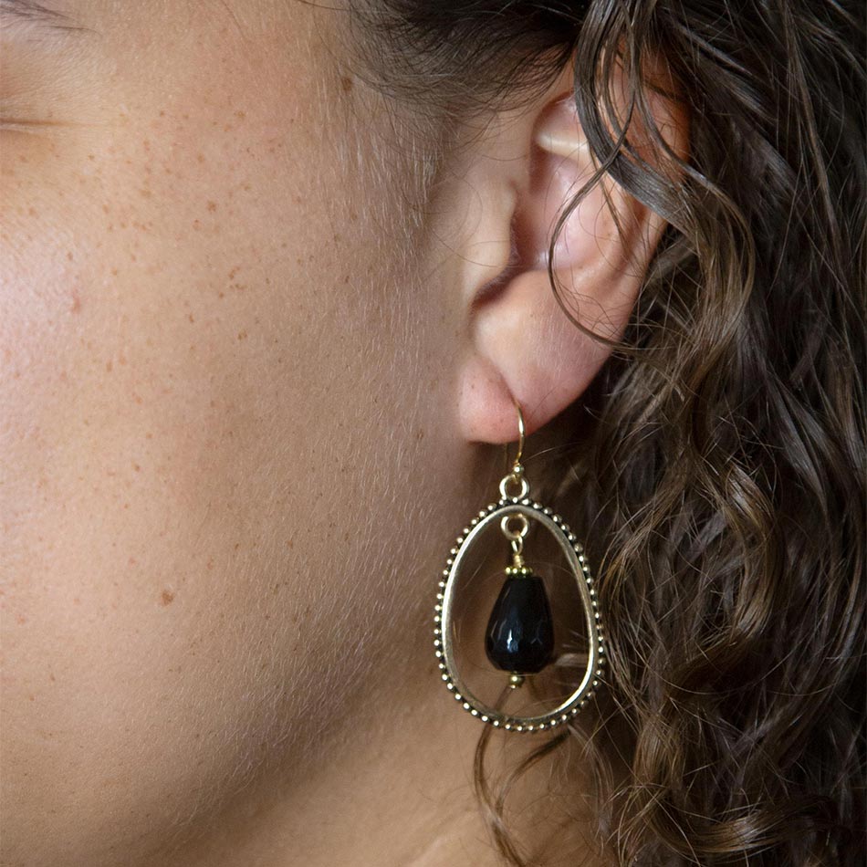 Inline Black Onyx Drop Golden Earrings