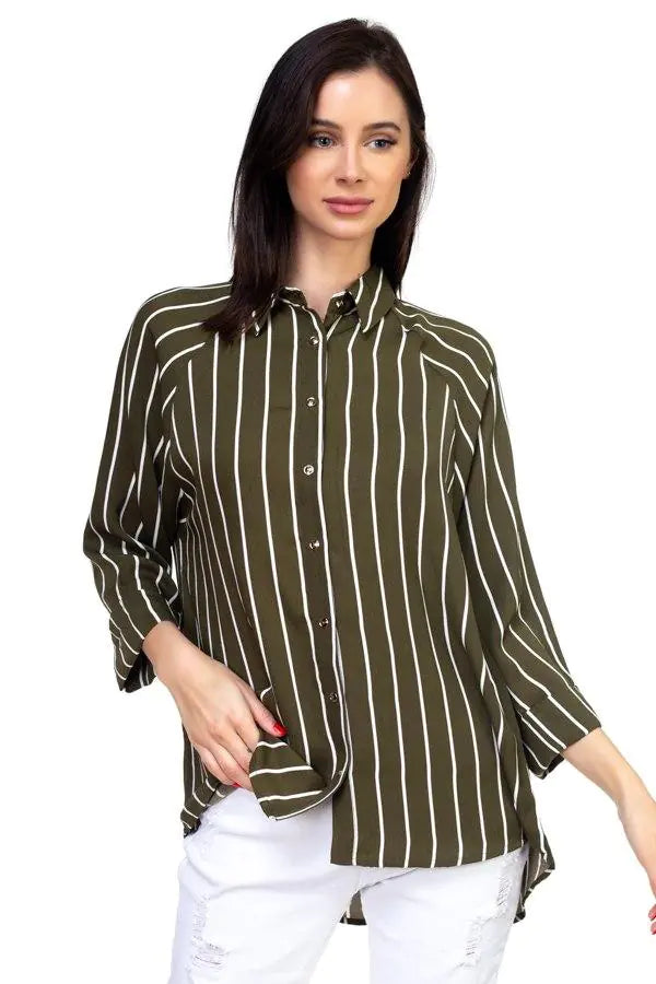 Stripe Button Down Shirt -Olive - # WOAA21510017-PRG