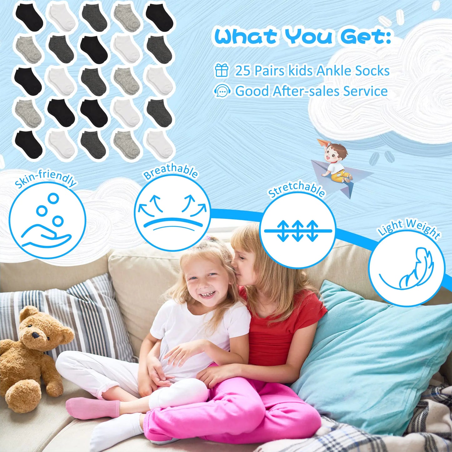 Kids Socks, 25 Pairs Toddler Socks Low Cut for Boys Girls(0-14 Years Old), 25 Pairs Children Ankle Socks Set 10-14 Years #1 Black+white+grey+darkgrey 25pk - # BOAA12810001