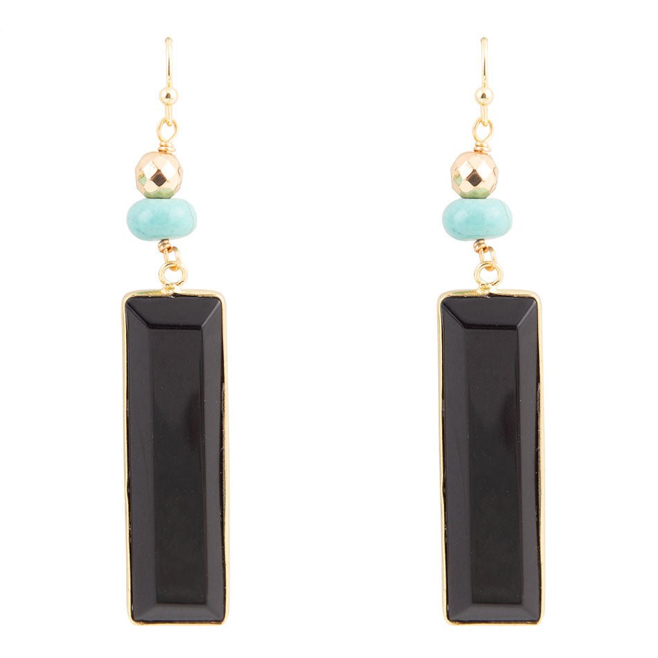 Jett Black Onyx Linear Golden Drop Earrings