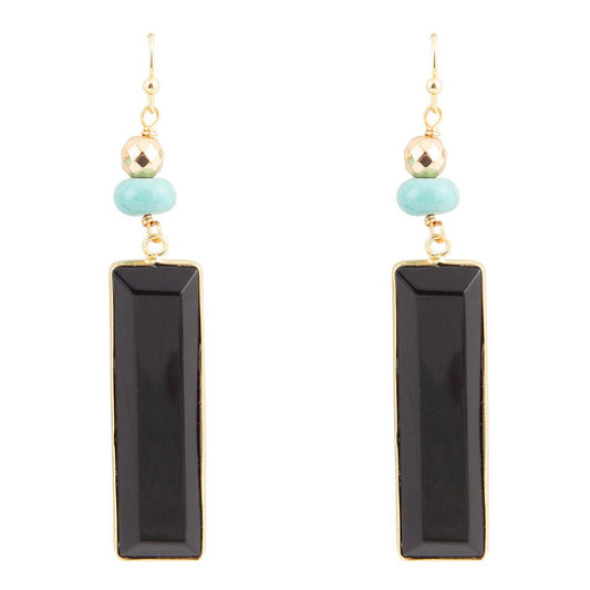 Jett Black Onyx Linear Golden Drop Earrings