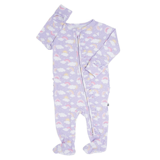 Lavender Rainbows and Clouds Ruffle Baby Footie